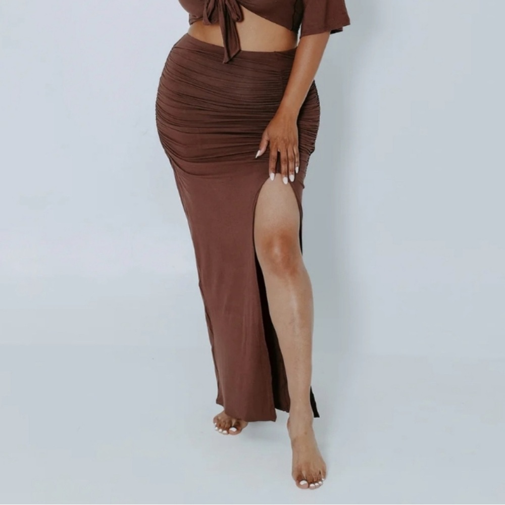 Ruched Midi Skirt Brown Bodycon‎ Slit Sexy Cocktail Party Club Wear